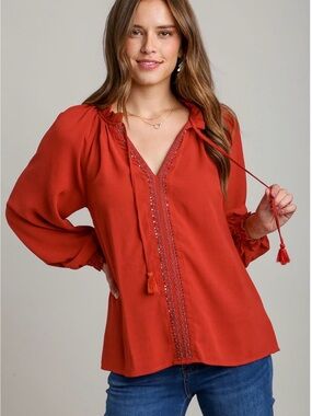 Umgee Rust Red Embroidered Tassel Peasant Blouse